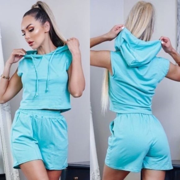Pants - Green Sleeveless Hooded Top and High Waist Shorts Two Piece Set